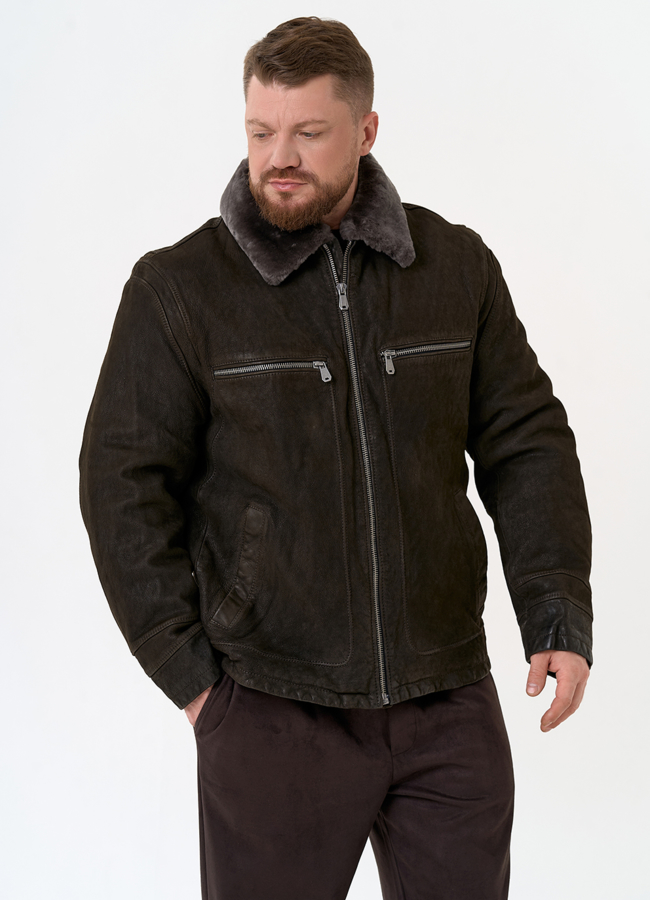 Куртка из натуральной кожи с отделкой из овчины модель № 31657 меха малина