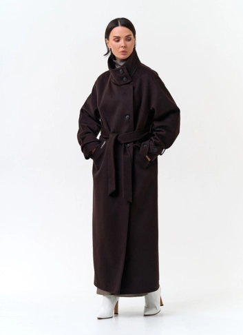 Женское длинное пальто с воротником стойкой