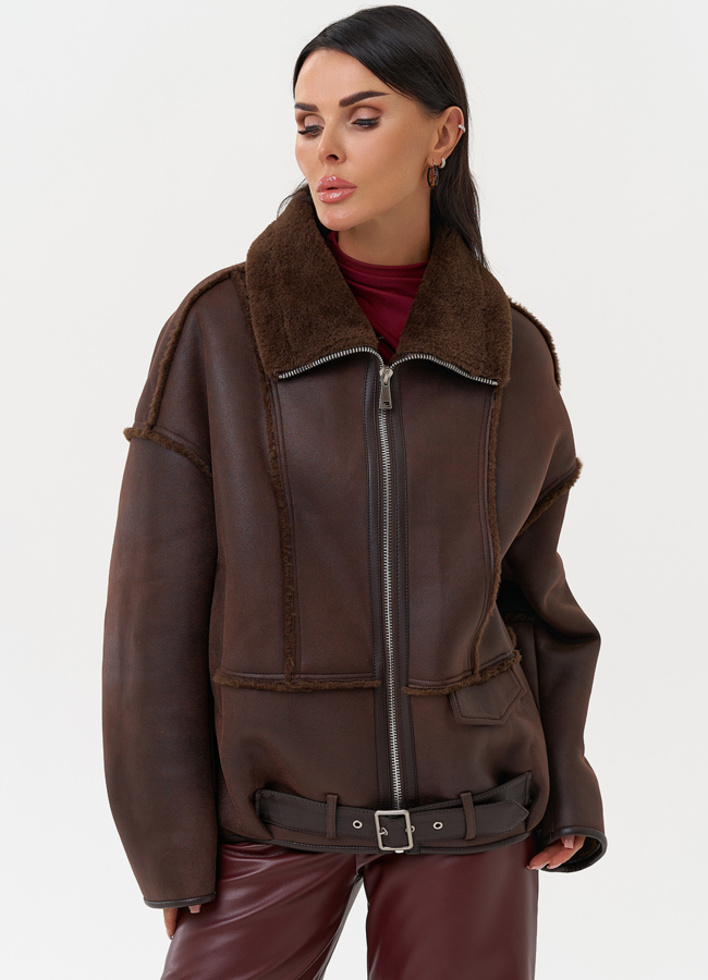 Женская дубленка коричневого цвета  модель № 31282 универмаг малина