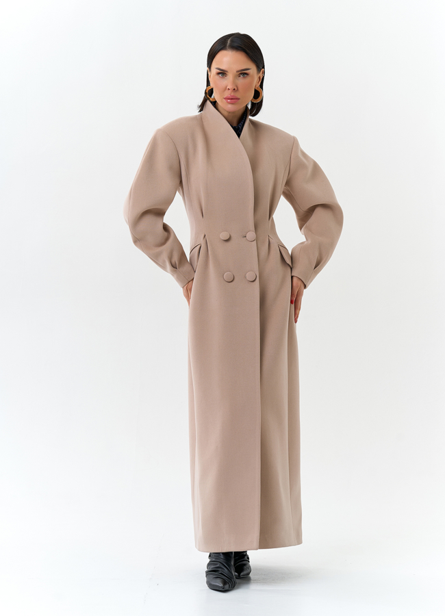 Женское длинное пальто с акцентными рукавами модель № 32784 меха малина