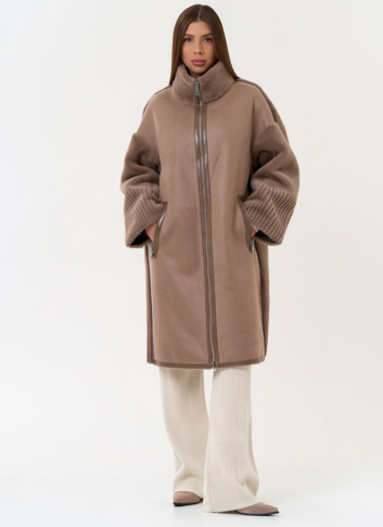 Женская двухсторонняя дубленка из эко замши с воротником стойкой