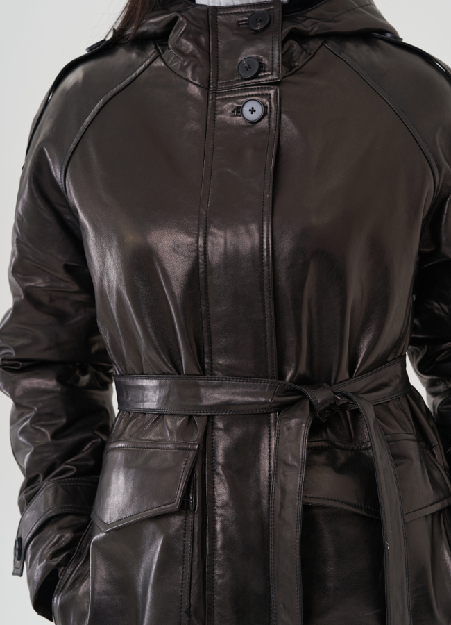 Куртка из натуральной кожи черного цвета с поясом модель № 25363 универмаг малина