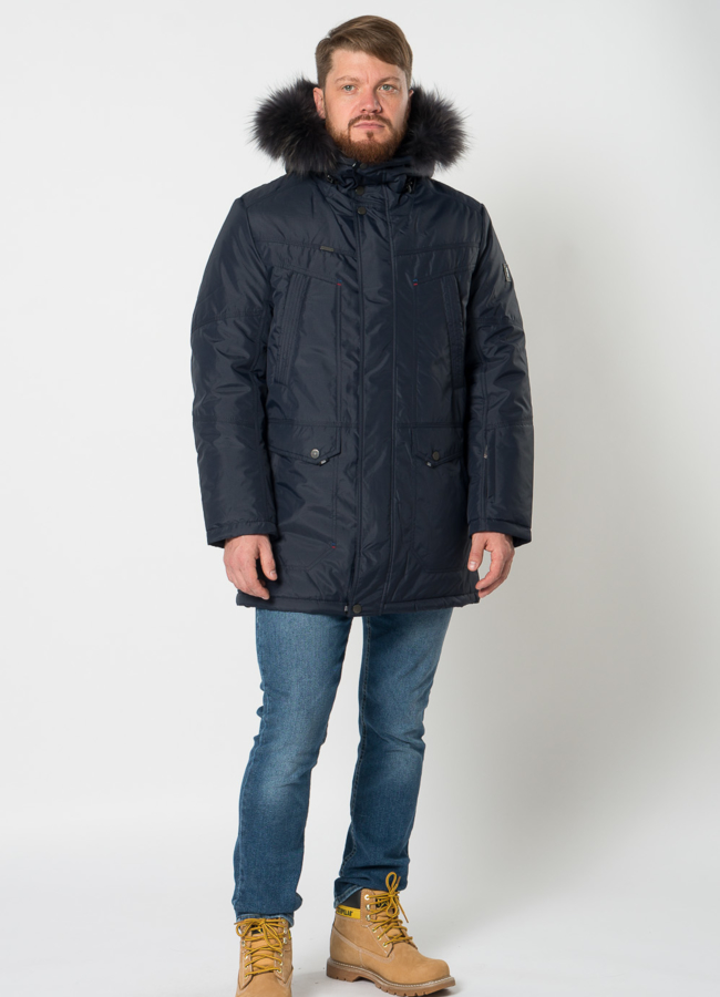 фото Полупальто мужское синего цвета с отделкой из енота модель № 21709