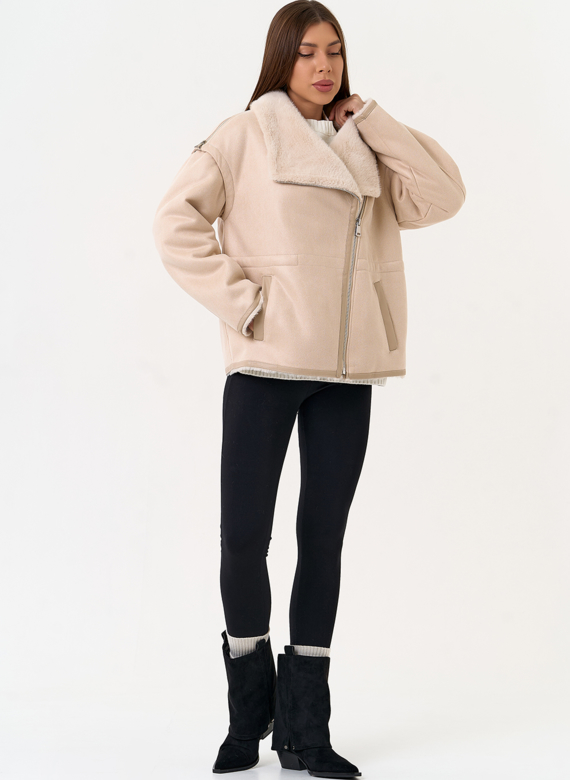 Женская дубленка из эко замши с отложным воротником