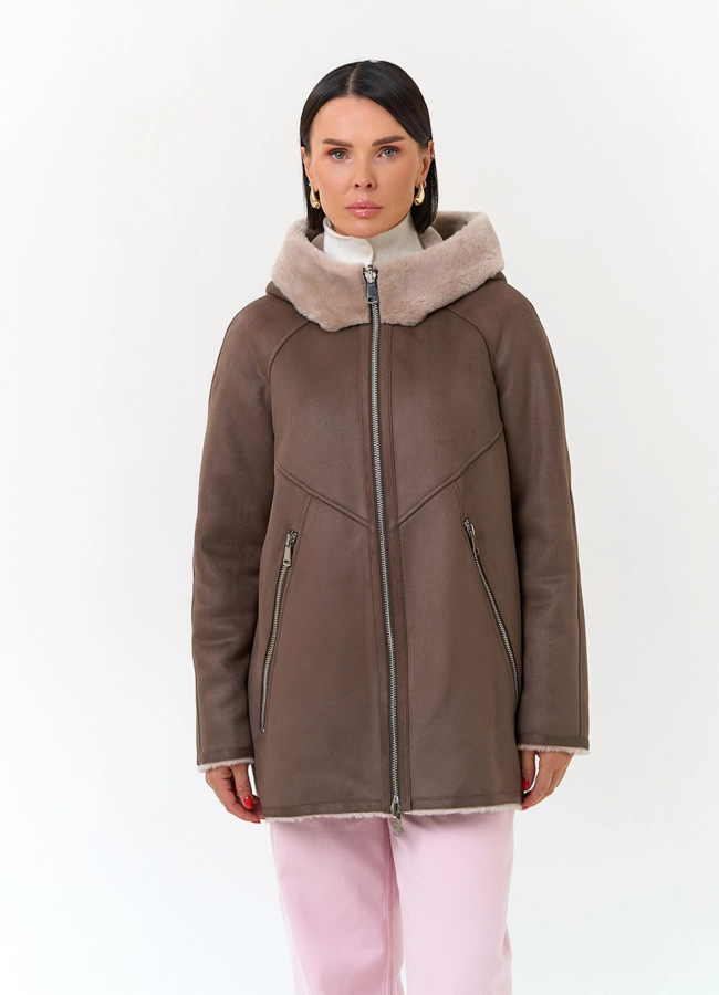 Женская дубленка из эко замши модель № 33889 меха малина