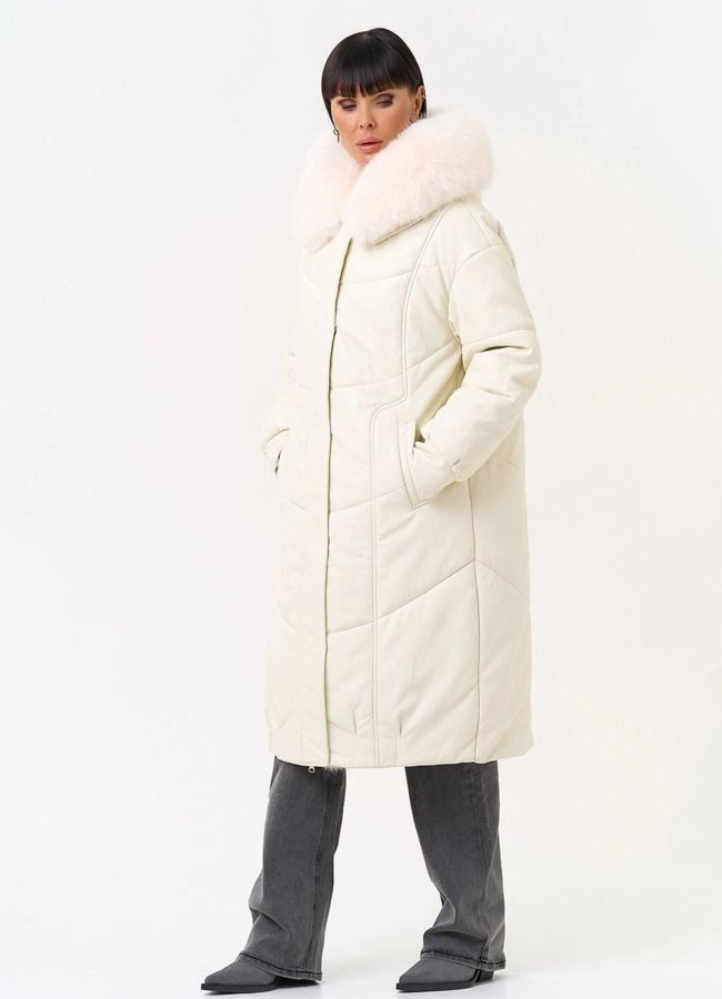 Женский пуховик из эко кожи со съемным эко мехом модель № 30717 в рассрочку