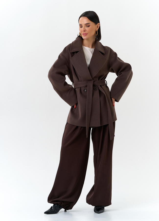 Женское укороченное пальто с поясом модель № 32683 в рассрочку