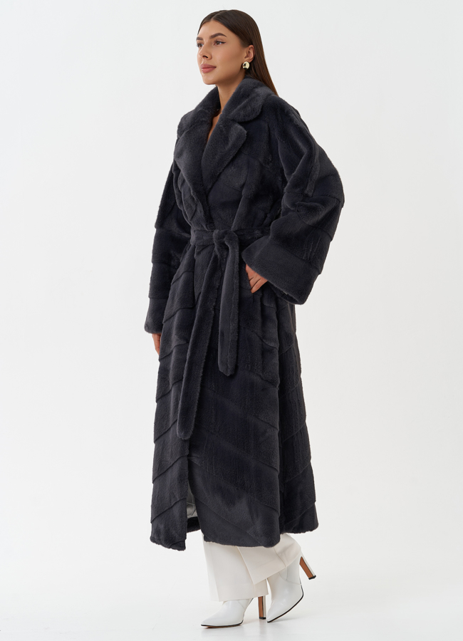 фото Длинное пальто из эко меха серого цвета модель № 28454