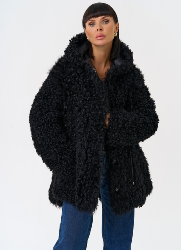 Женская двухсторонняя дубленка с капюшоном