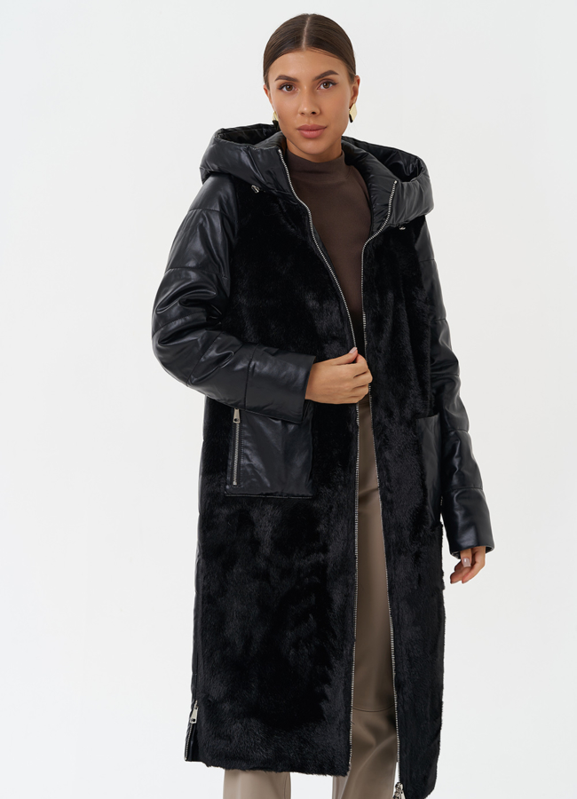 Пуховик из эко кожи с капюшоном модель № 23366 универмаг малина