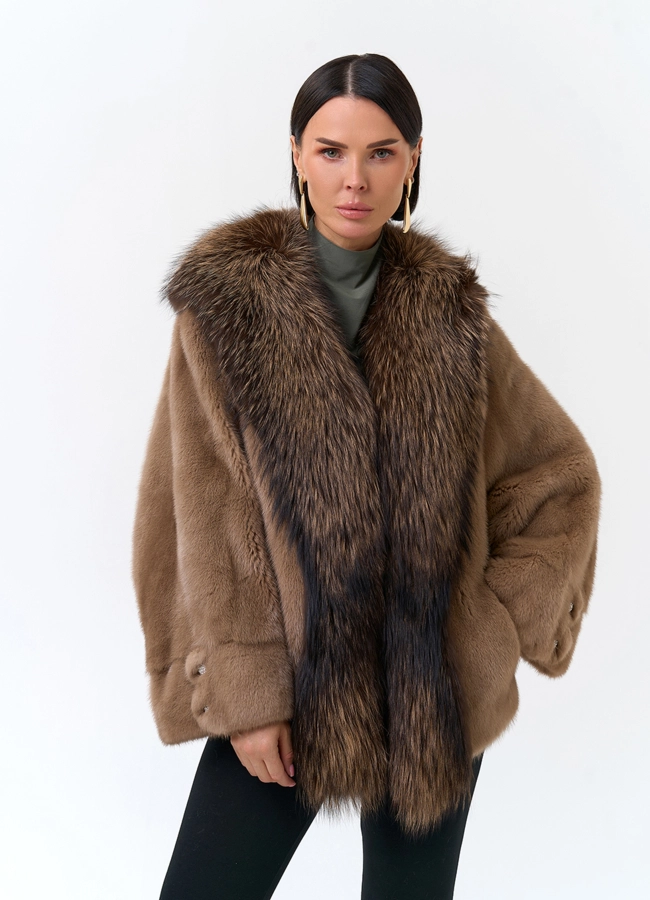Куртка из норки с отделкой из меха чернобурки  модель № 24740 меха малина фото