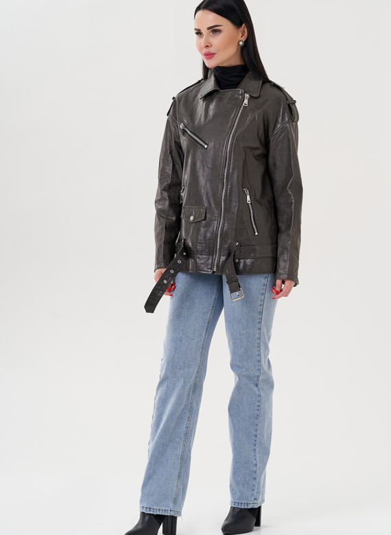 Длинная косуха из натуральной кожи серого цвета