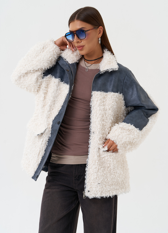 Жакет синего цвета с эко мехом модель № 27122 меха малина