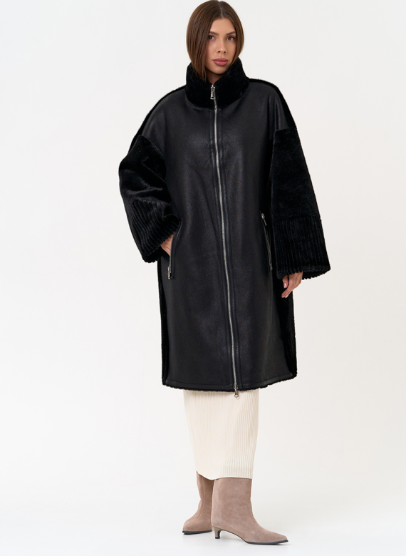 Женская двухсторонняя дубленка из эко замши с воротником стойкой