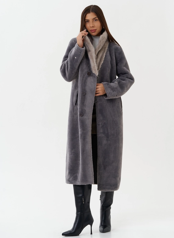 Длинная дубленка из эко кожи с воротником шаль