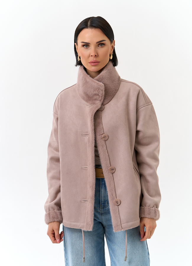 Женская двухсторонняя дубленка из эко замши модель № 32789 универмаг малина