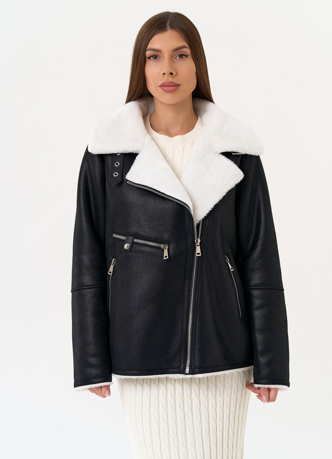 Женская дубленка из эко замши черного цвета модель № 31514 в рассрочку