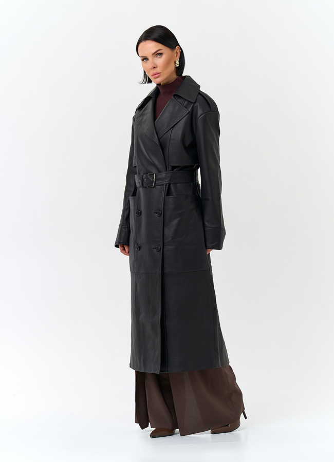 Женский плащ из натуральной кожи с поясом модель № 32901 универмаг малина