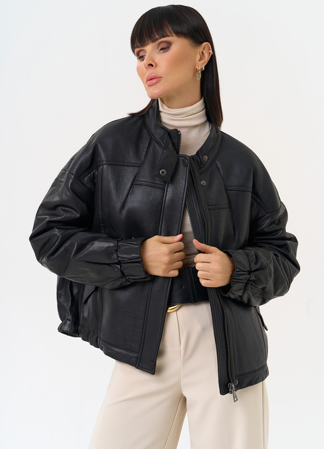 Женский пуховик из натуральной кожи черного цвета модель № 31691 универмаг малина