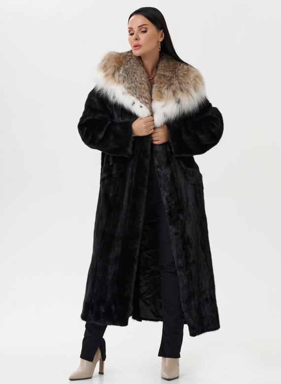 Норковая шуба с капюшоном из меха рыси