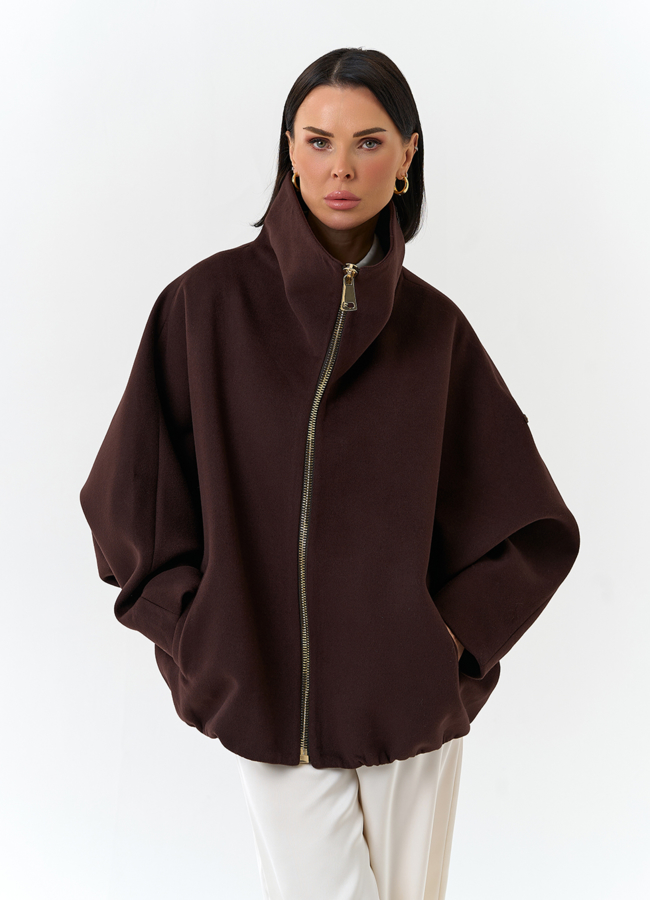 Женское укороченное пальто с высоким воротником модель № 32557 меха малина