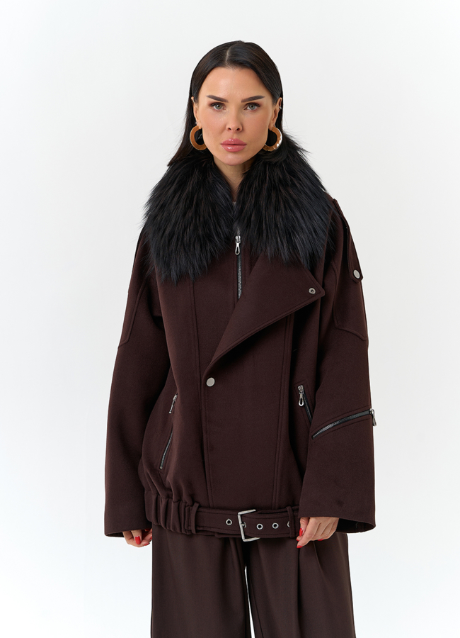 Женское укороченное пальто с отделкой из меха лисы модель № 32781 универмаг малина