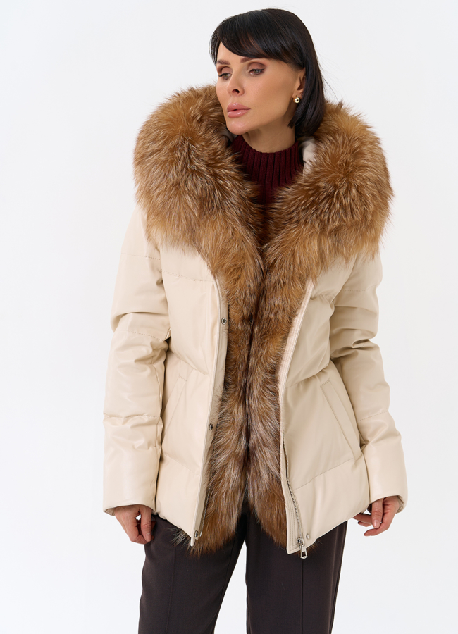 Женский пуховик из эко кожи с отделкой из натуральной лисы модель № 31946 универмаг малина