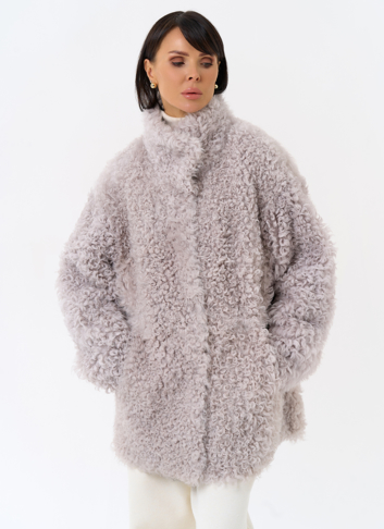 Женская двухсторонняя дубленка с воротником стойкой