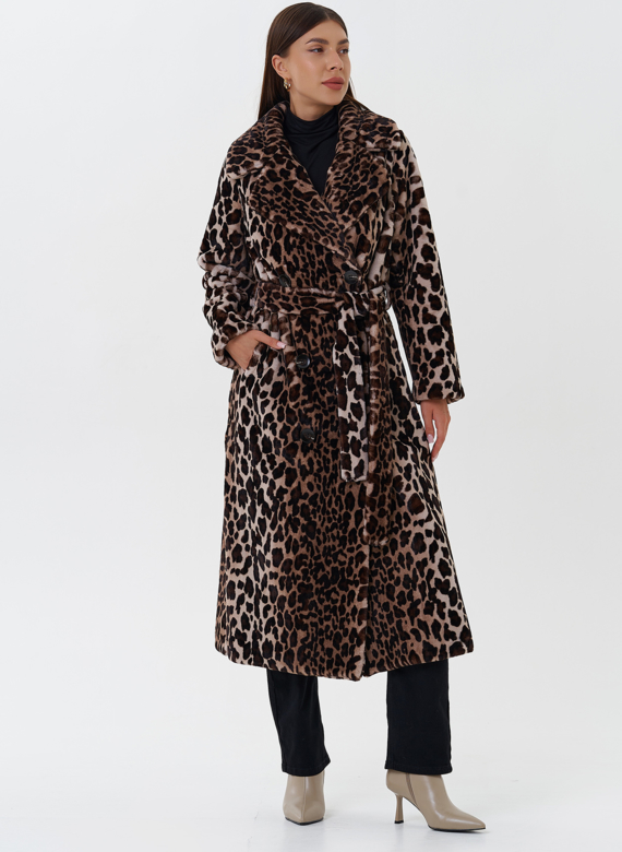 Пальто из эко меха с анималистичным принтом