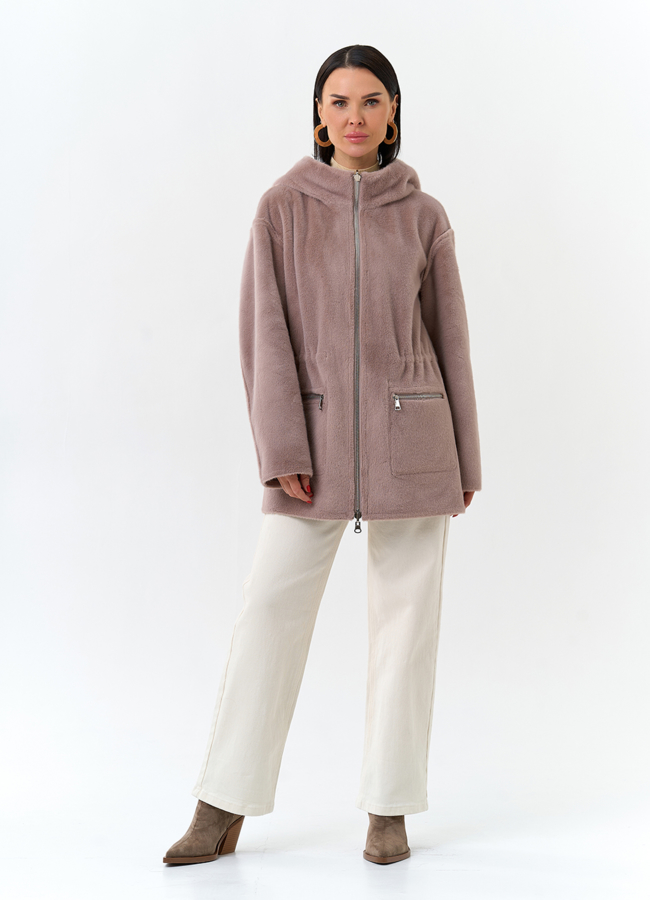 Двухсторонняя дубленка из эко замши с капюшоном модель № 32695 в рассрочку