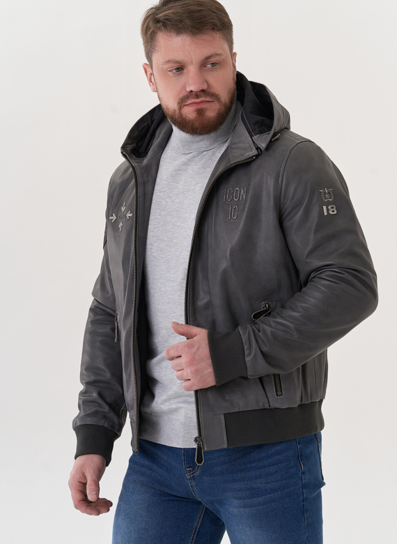 Мужская кожаная куртка "бомбер" с капюшоном