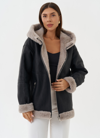 Женская эко дубленка с капюшоном