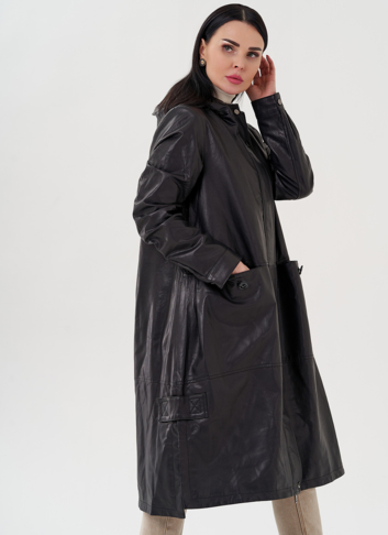 Длинный кожаный плащ с капюшоном