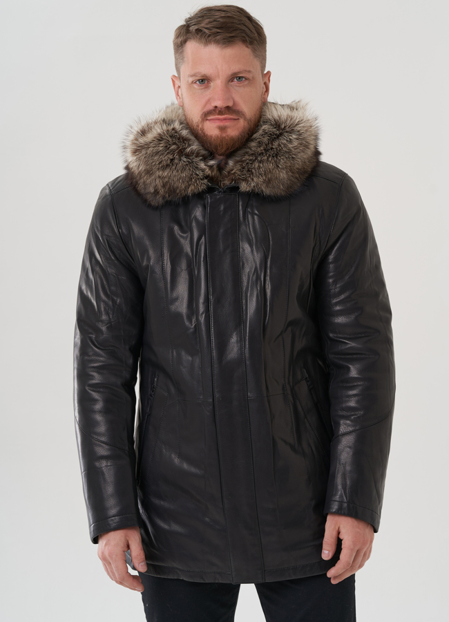 Мужская куртка с капюшоном на мехе из волка модель № 82264 меха малина