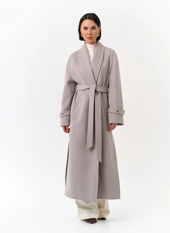 Женское длинное пальто с поясом фото
