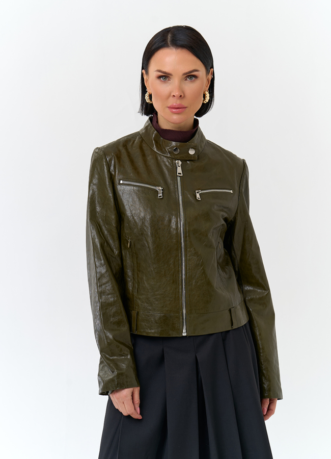 Женская куртка из натуральной кожи зеленого цвета модель № 32728 универмаг малина