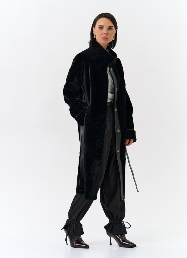 Женская двухсторонняя дубленка с поясом модель № 32198 универмаг малина