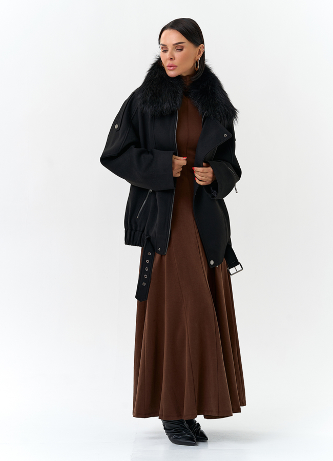 Женское укороченное пальто с отделкой из меха лисы модель № 32782 универмаг малина