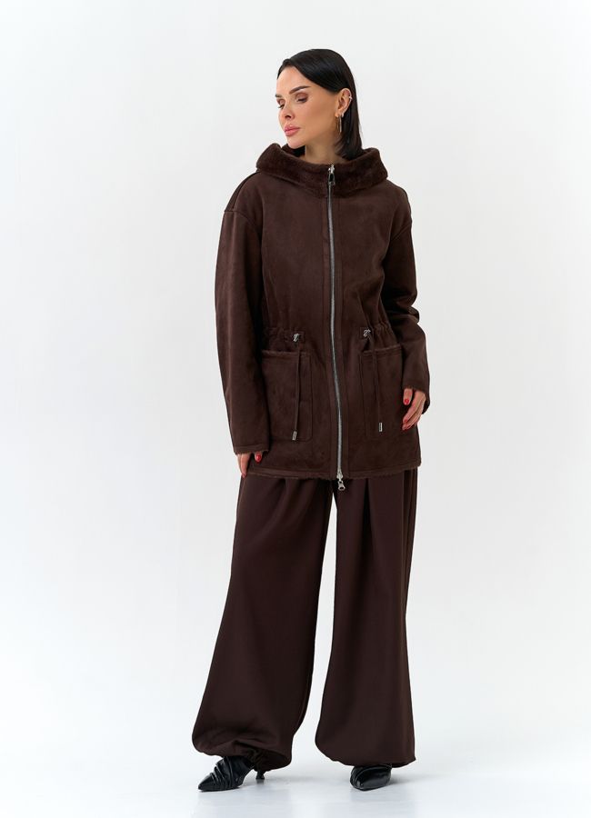 Двухсторонняя дубленка из эко замши с капюшоном модель № 32690 универмаг малина