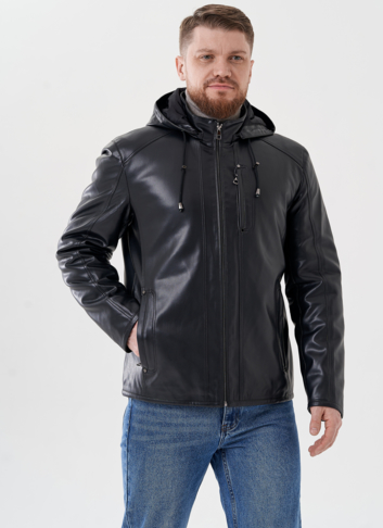 Мужская куртка из эко кожи с капюшоном 