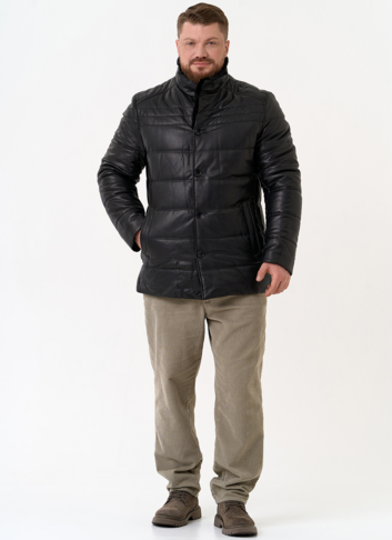 Пуховик из натуральной кожи с воротником стойкой