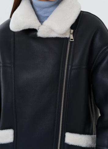 Дубленка из эко кожи черного цвета с черным эко мехом