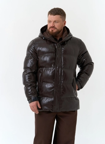 Мужской пуховик из эко кожи с капюшоном фото