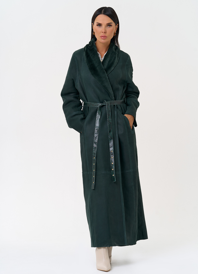 Женская двусторонняя дубленка из меха овчины Cortos с поясом из кожи питона модель № 31400 универмаг малина