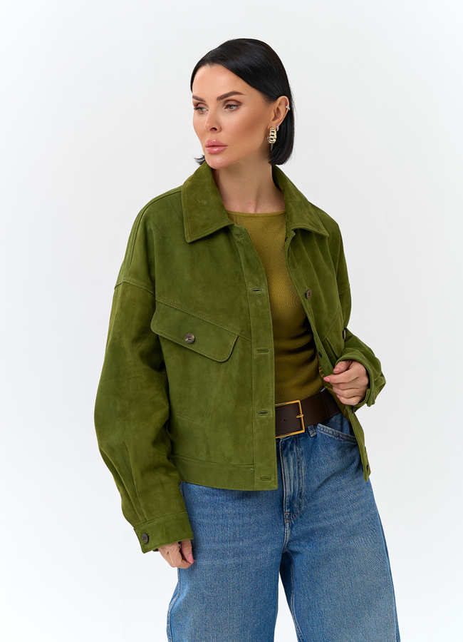 Женская куртка из натуральной замши зеленого цвета модель № 32672 универмаг малина