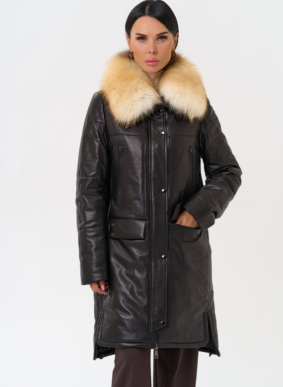 Кожаный пуховик с воротником из лисы