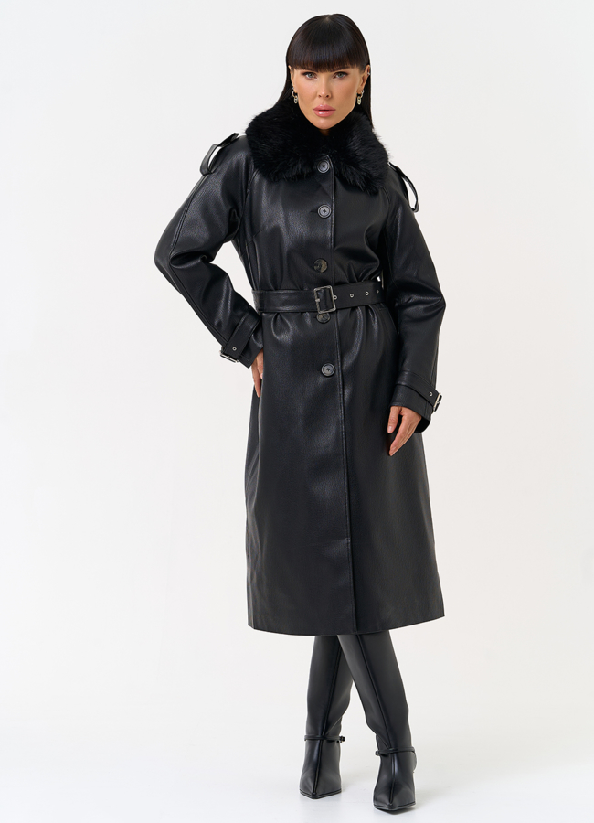 Женское утепленное пальто из экокожи с воротником из эко меха модель № 30705 меха малина