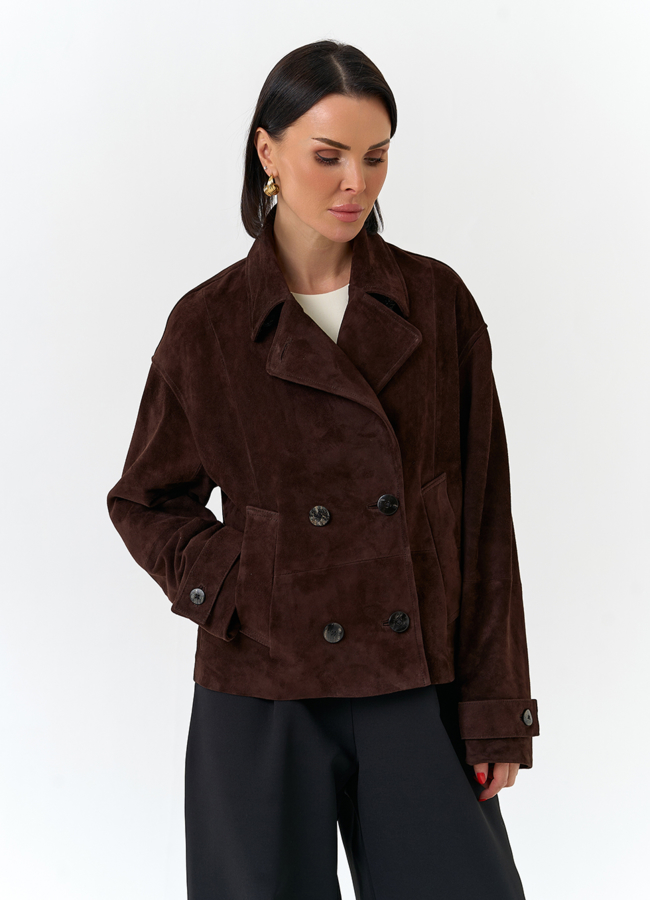 Женская куртка из натуральной замши модель № 32525 меха малина