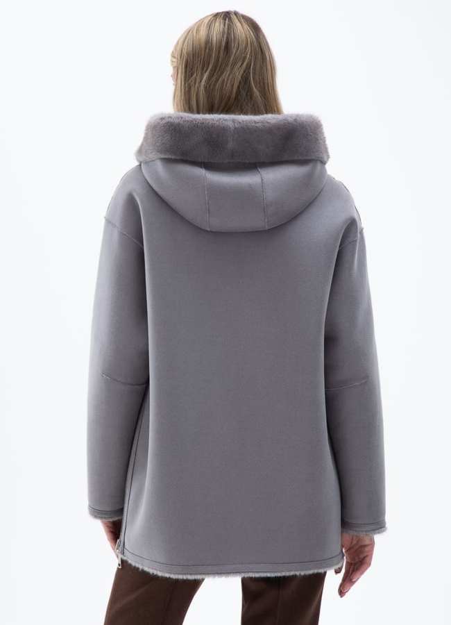 фото Женская двухсторонняя дубленка из эко кожи с капюшоном модель № 32029