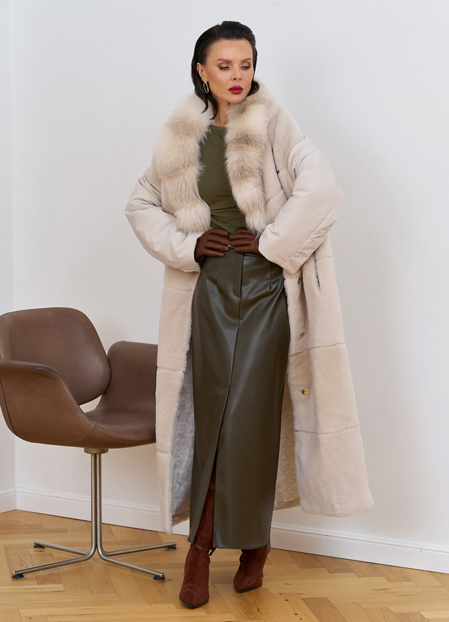 Комбинированное женское пальто из меха овчины с поясом модель № 31401 в кредит